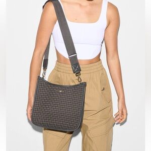 MZ Wallace Brown Woven Crossbody Bag with Wide Gray Strap
